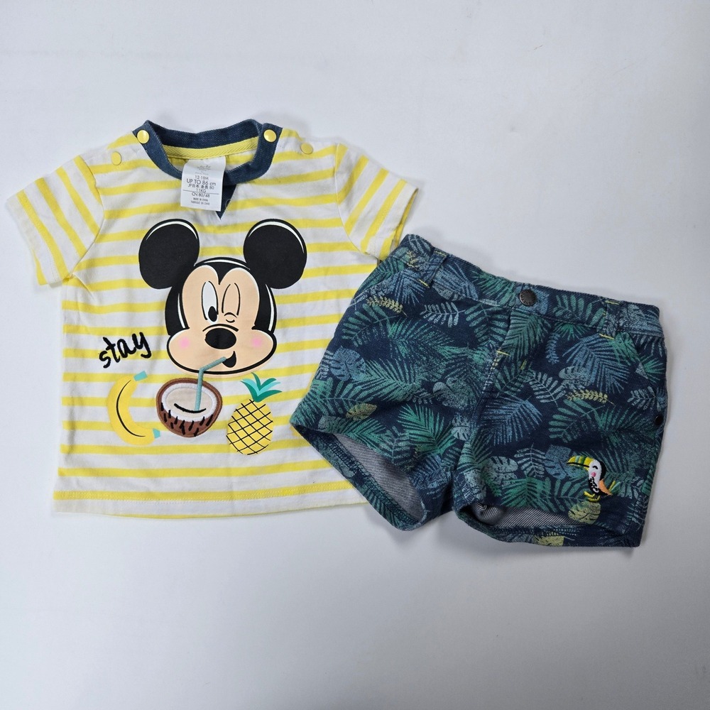 Disney Baby Shorts Set 12-18M Yellow Mickey Mouse Tropical Palm Leaf Summer